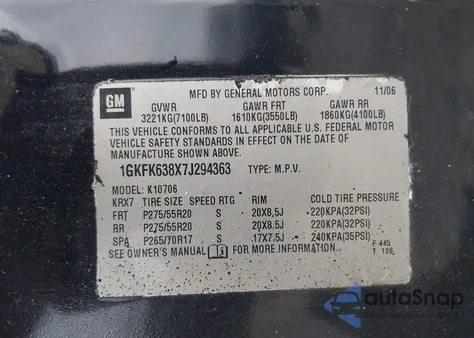 2007 GMC Yukon Denali Denali z USA, uszkodzony, nr VIN 1GKFK638X7J294363